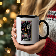 "Gothic Tarot Card 'Spill The Tea' Mug - Skeleton & Floral Design Coffee Cup for Gossip Lovers, Gift Idea for Birthdays, Friendships, Mystical Style Enthusiasts in North America & Europe"