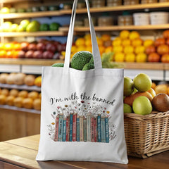"I'm with the banned" Tote Bag - Literary Book Lover Gift with Colorful Censored Books Design (1984, To Kill a Mockingbird), Reusable Canvas Grocery Bag, Protest Art Gift for Readers, Students, Teachers, Writers, Best Friend