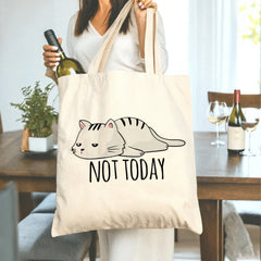 "NOT TODAY" Cat Tote Bag - Funny Lazy Lying Down Cat with Attitude Quote Canvas Grocery Bag, Reusable Shopping Tote with Green Avocado, Cute Gift for Her, Women, Best Friend, Cat Lovers (Birthday, Christmas, Stress Relief Gift)