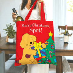 "Merry Christmas Spot! Holiday Tote Bag with Dog & Gift Print - Festive Red Reusable Grocery Shopping Bag for Christmas Gifts, Perfect Present for Mom, Dad, Wife, Husband, Dog Lovers, Friends, Colleagues, Ideal for Xmas, Holiday Parties