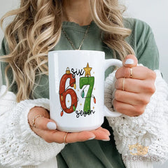 "67" Number Six Seven Christmas Mug - Festive Ceramic Mug with Light-Up Numbers for Holiday Cheer, Unique Gift for Parents, Friend, Wife, Him, Her, Colleague | Perfect 67th Birthday, Christmas, Anniversary, Thank You Gift Idea