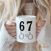 67 Mug - 67th Birthday Gift for Women Men, 67th Anniversary Gift for Parents Grandparents, Ceramic Coffee Mug with Thumbs Up & Pointing Hand Gesture, Unique Milestone Gift for Him Her, Christmas, Retirement Gift Idea