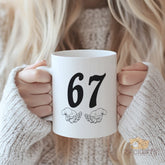 67 Mug - Meaningful 67th Birthday Gift Idea, Personalized Ceramic Coffee Cup with Open Hands Symbol, Thoughtful Present for 67th Anniversary, Christmas, Retirement, for Him, Her, Parents, Friends