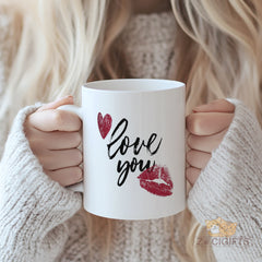 “love you” Mug with Red Heart & Kiss - Classic Romantic Gift for Valentine's Day, Anniversary, Christmas, Birthday, Mother's Day | Perfect Gift for Girlfriend, Boyfriend, Wife, Husband, Her, Him, Mom | White Ceramic Coffee Cup with Red Lip Print