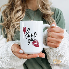 “love you” Mug with Red Heart & Kiss - Classic Romantic Gift for Valentine's Day, Anniversary, Christmas, Birthday, Mother's Day | Perfect Gift for Girlfriend, Boyfriend, Wife, Husband, Her, Him, Mom | White Ceramic Coffee Cup with Red Lip Print