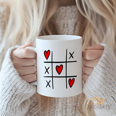 Tic Tac Toe Love Mug - Heart & XOXO Game Ceramic Cup, Unique Romantic Valentine's Gift, Cute Christmas Present, Birthday Gift for Her/Him, Boyfriend, Girlfriend, Couples. Fun & Thoughtful Present for Anniversaries, Holidays