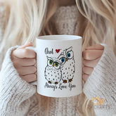"Owl Always Love You" Cute Owl Mug with Green & Blue Eyes and Hearts - Ceramic Funny Pun Gift for Valentine's Day, Anniversary, Birthday, Christmas, Thanksgiving, Mother's Day, Father's Day - Perfect for Her, Him