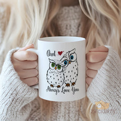 "Owl Always Love You" Cute Owl Mug with Green & Blue Eyes and Hearts - Ceramic Funny Pun Gift for Valentine's Day, Anniversary, Birthday, Christmas, Thanksgiving, Mother's Day, Father's Day - Perfect for Her, Him