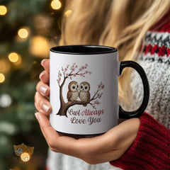 "Cute Owl Always Love You" Ceramic Mug with Two Owls and Blossom Branch - Funny Pun Valentine's Day Gift, Anniversary Present, Christmas, Birthday Mug for Her, Him, Wife, Husband, Girlfriend, Boyfriend, Best Friend