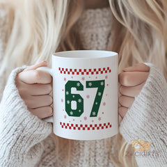 "67" Snowflake Christmas Mug - Festive Holiday Mug with Red Plaid & Green Number Design, Perfect Gift for Friend, Family, Colleague | Ceramic Christmas Cup for Xmas, Secret Santa, Stocking Stuffer, Holiday Decor