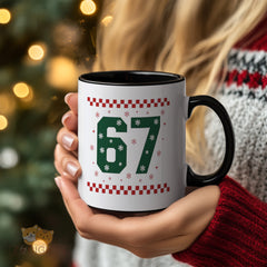 "67" Snowflake Christmas Mug - Festive Holiday Mug with Red Plaid & Green Number Design, Perfect Gift for Friend, Family, Colleague | Ceramic Christmas Cup for Xmas, Secret Santa, Stocking Stuffer, Holiday Decor