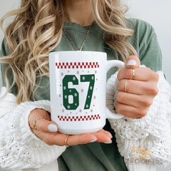 "67" Snowflake Christmas Mug - Festive Holiday Mug with Red Plaid & Green Number Design, Perfect Gift for Friend, Family, Colleague | Ceramic Christmas Cup for Xmas, Secret Santa, Stocking Stuffer, Holiday Decor