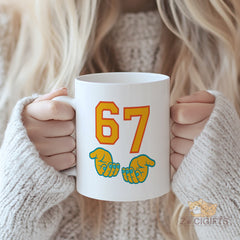 "67 Personalized Gift Mug - Meaningful Keepsake for Birthday, Anniversary, Father's Day, Mother's Day, Valentine's Day, Christmas - Custom Number Mug with Hand Design for Loved Ones, Friends, Partners"