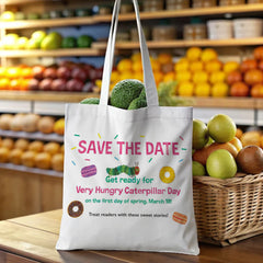 “SAVE THE DATE” Very Hungry Caterpillar Day Tote Bag for March 19 First Day of Spring | Perfect Gift for Teachers, Librarians, Kids & Parents | Cute Caterpillar & Donut Design Canvas Bag