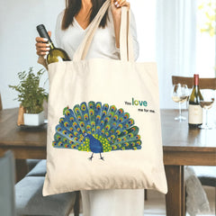 “You Love Me For Me” Peacock Tote Bag with Caterpillar - Unique Meaningful Gift for Her, Friends, Family, Partner on Valentine‘s, Birthday, Christmas, Thanksgiving