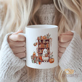 Halloween Ghost Reading Mug - Cozy Ghost with Pumpkin Lantern & Bookshelf Scene, Fall Cottagecore Ceramic Mug | Perfect Gift for Book Lovers, Halloween, Autumn, Thanksgiving, Christmas