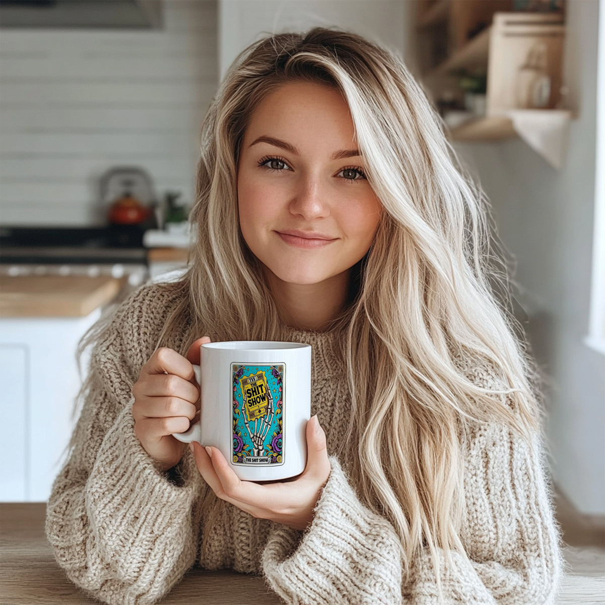 "Funny Gothic 'The Shit Show' Tarot Card Mug - Skeleton Hand Humorous Coffee Cup for Sarcastic Humor Lovers, Gift Idea for Birthdays, Halloween, Chaos Enthusiasts in North America & Europe"