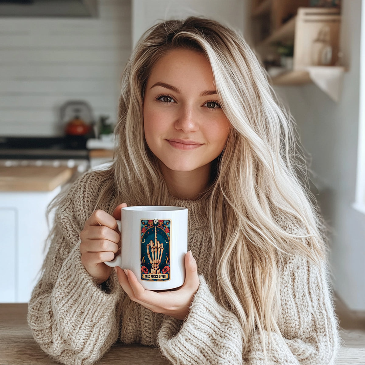 "Funny Gothic Tarot Card Mug - 'Zero Fucks Given' Skeleton Hand Middle Finger Humorous Coffee Cup for Sarcastic Humor Lovers, Gift Idea for Birthdays, Halloween, Edgy Style Enthusiasts in North America & Europe"