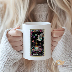 "Gothic Tarot Card 'Spill The Tea' Mug - Skeleton & Floral Design Coffee Cup for Gossip Lovers, Gift Idea for Birthdays, Friendships, Mystical Style Enthusiasts in North America & Europe"