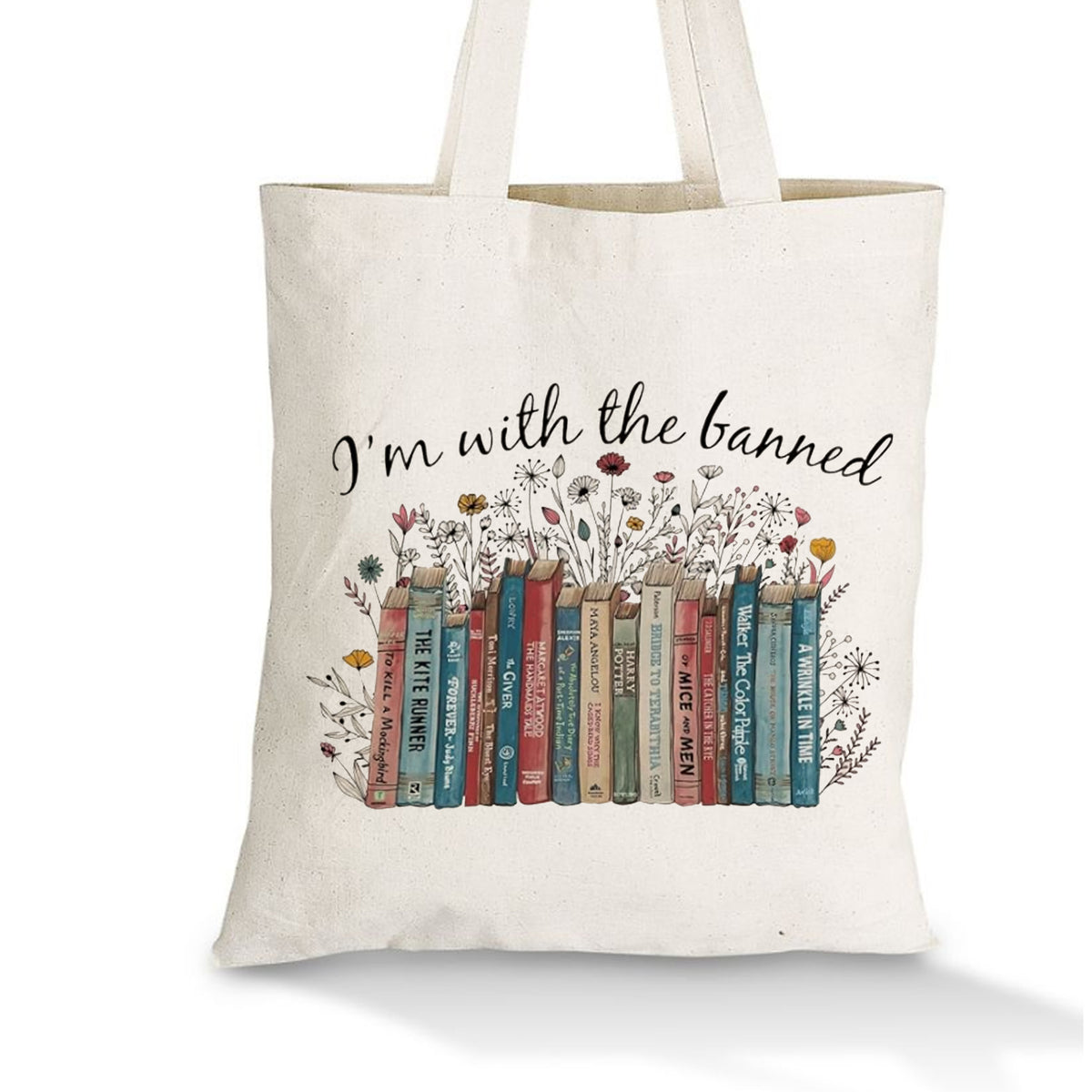 "I'm with the banned" Tote Bag - Literary Book Lover Gift with Colorful Censored Books Design (1984, To Kill a Mockingbird), Reusable Canvas Grocery Bag, Protest Art Gift for Readers, Students, Teachers, Writers, Best Friend
