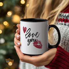 “love you” Mug with Red Heart & Kiss - Classic Romantic Gift for Valentine's Day, Anniversary, Christmas, Birthday, Mother's Day | Perfect Gift for Girlfriend, Boyfriend, Wife, Husband, Her, Him, Mom | White Ceramic Coffee Cup with Red Lip Print