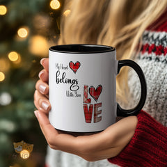 Love Mug with Romantic Quote - “My Heart Belongs With You” Red Plaid Heart Ceramic Cup, Perfect Valentine's Day Gift, Christmas Gift for Her, Birthday Present for Girlfriend, Wife, Couples, Anniversary, or Thoughtful Gift for Loved Ones.