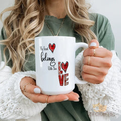 Love Mug with Romantic Quote - “My Heart Belongs With You” Red Plaid Heart Ceramic Cup, Perfect Valentine's Day Gift, Christmas Gift for Her, Birthday Present for Girlfriend, Wife, Couples, Anniversary, or Thoughtful Gift for Loved Ones.