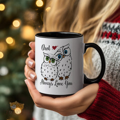 "Owl Always Love You" Cute Owl Mug with Green & Blue Eyes and Hearts - Ceramic Funny Pun Gift for Valentine's Day, Anniversary, Birthday, Christmas, Thanksgiving, Mother's Day, Father's Day - Perfect for Her, Him