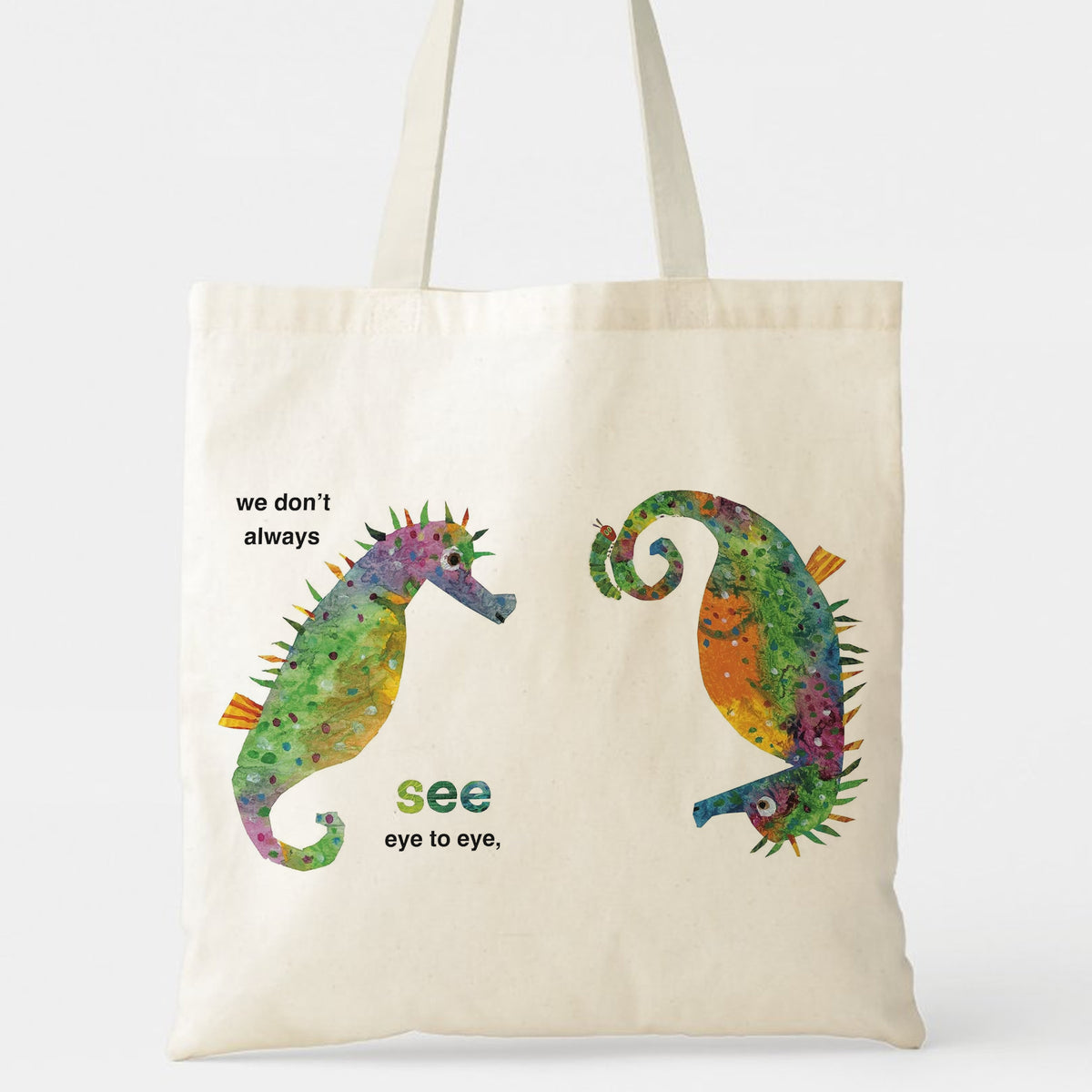 "We Don't Always See Eye to Eye" Seahorse Tote Bag - Meaningful Gift for Couples, Best Friends, Family | Perfect Anniversary, Apology, Reconciliation, Friendship Day Gift | Colorful, Thoughtful Canvas Bag