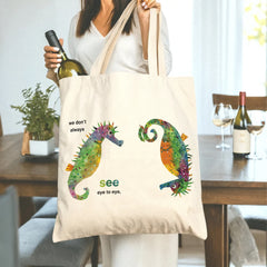 "We Don't Always See Eye to Eye" Seahorse Tote Bag - Meaningful Gift for Couples, Best Friends, Family | Perfect Anniversary, Apology, Reconciliation, Friendship Day Gift | Colorful, Thoughtful Canvas Bag