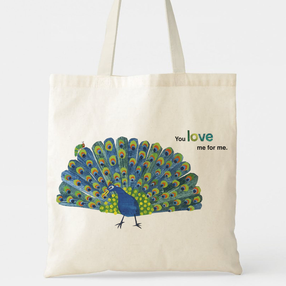 “You Love Me For Me” Peacock Tote Bag with Caterpillar - Unique Meaningful Gift for Her, Friends, Family, Partner on Valentine‘s, Birthday, Christmas, Thanksgiving
