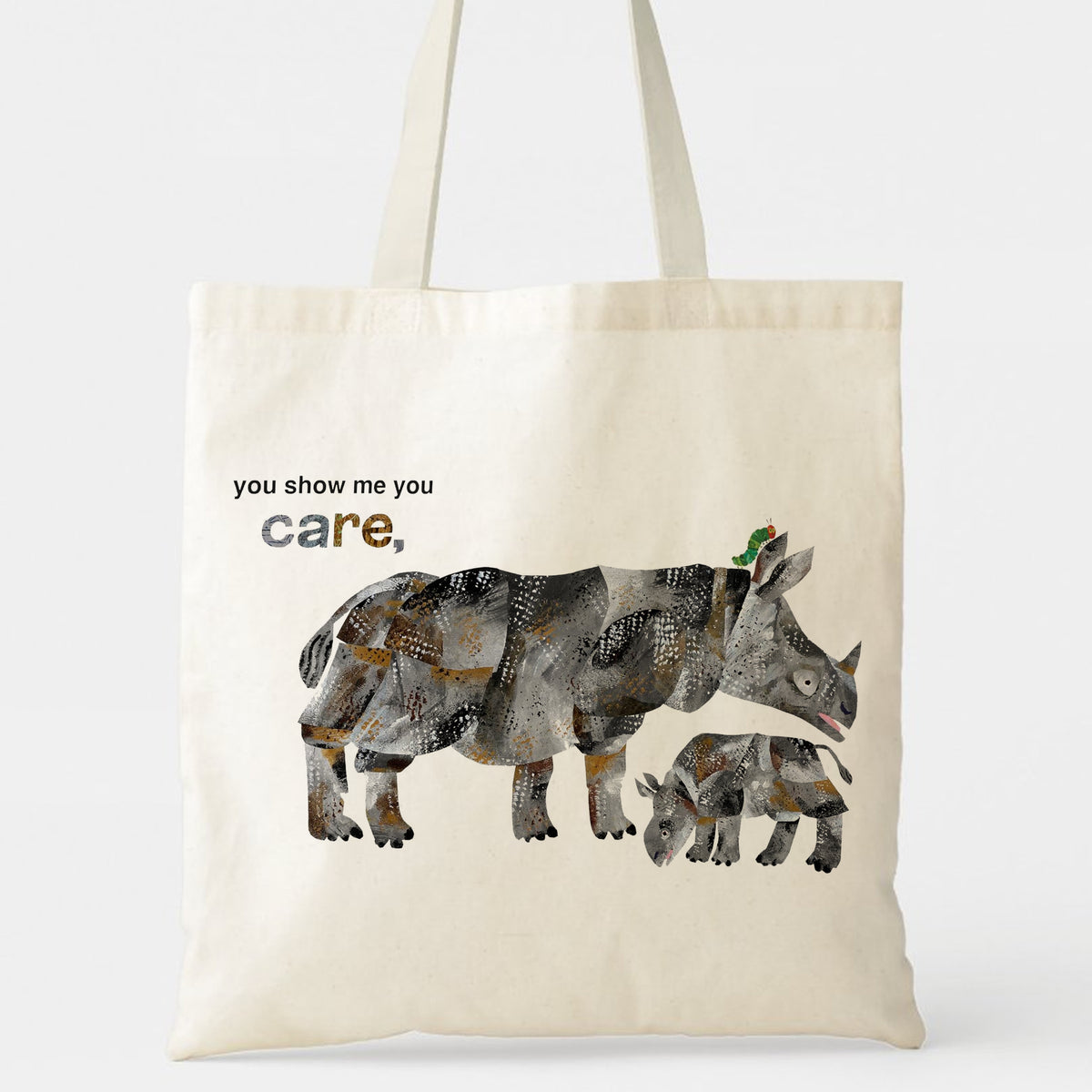 Cute Rhino Mother & Baby Tote Bag "You Show Me You Care" - Heartfelt Gift for Mom, Grandma, Mother's Day, Birthday, Thanksgiving & Christmas | Appreciation Present
