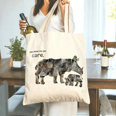 Cute Rhino Mother & Baby Tote Bag "You Show Me You Care" - Heartfelt Gift for Mom, Grandma, Mother's Day, Birthday, Thanksgiving & Christmas | Appreciation Present
