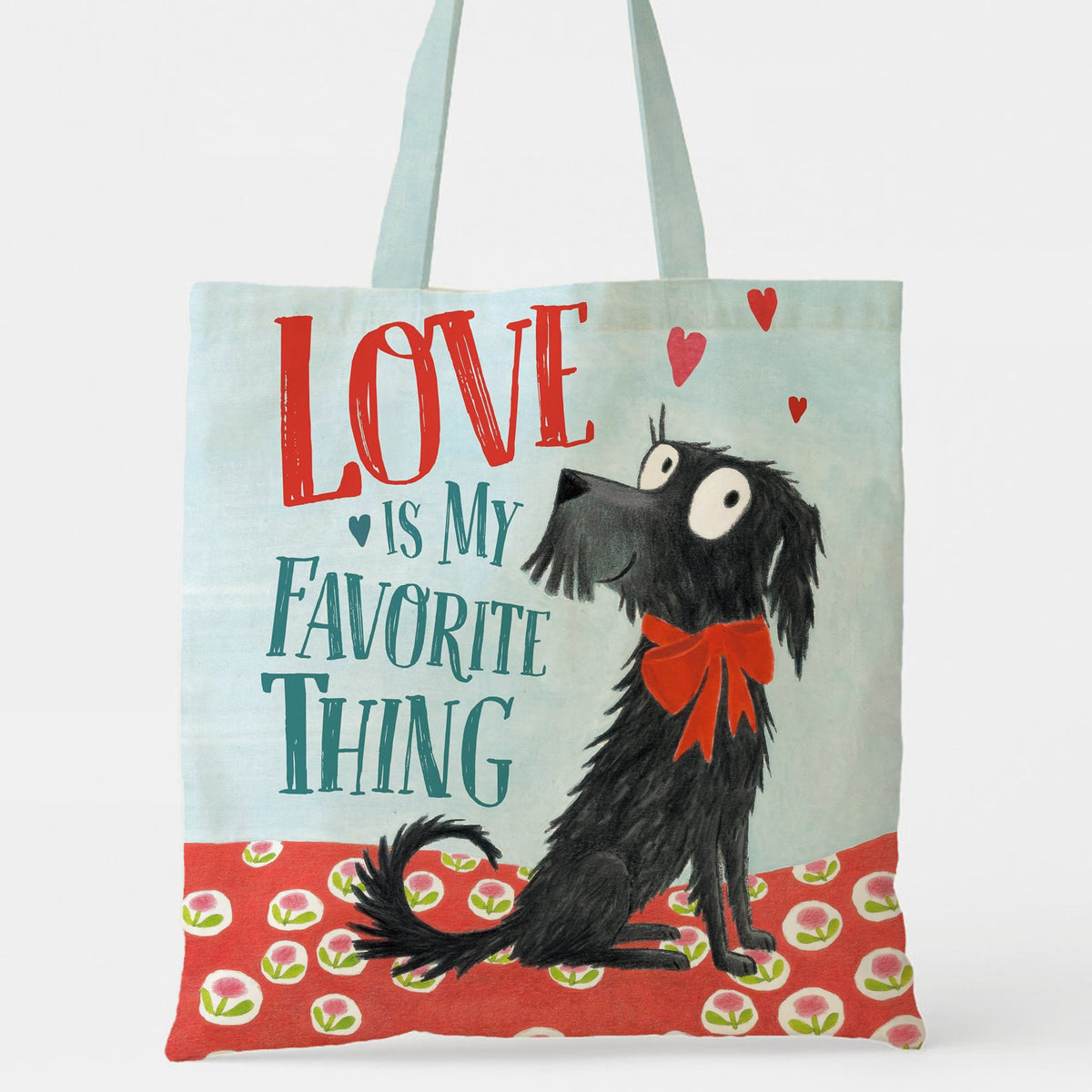 LOVE IS MY FAVORITE THING Tote Bag - Cute Black Dog with Red Bow, Heartwarming Gift for Dog Lovers, Valentine's Day, Mother's Day, Birthday & Christmas
