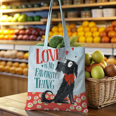 LOVE IS MY FAVORITE THING Tote Bag - Cute Black Dog with Red Bow, Heartwarming Gift for Dog Lovers, Valentine's Day, Mother's Day, Birthday & Christmas