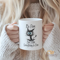 Funny "It's Fine" Cat Mug - Unique Novelty Gift for Cat Lovers, Office Humor, and Stress Relief - High-Quality Ceramic Coffee Cup