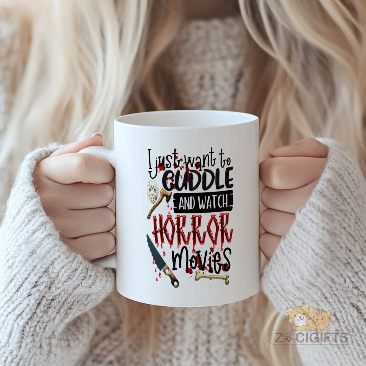 Cuddle and Watch Horror Movies Mug - Funny Horror - Themed Ceramic Coffee Cup, Unique Gift for Horror Fans, Durable and Microwave Safe