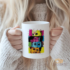 Colorful Horror Icons Mug ¨C Vintage Pop - Art Design for Horror Fans, Durable Ceramic Coffee Cup, Unique Gift for Halloween and Beyond