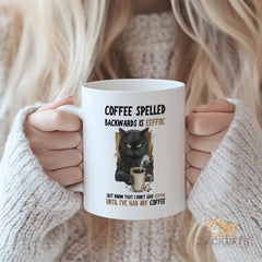 Cat Lover's Mug | Funny Coffee Mug with 'COFFEE SPELLED BACKWARDS IS EEFFOC' Quote - Perfect Gift for Cat Moms & Coffee Enthusiasts - High-Quality Ceramic Mug for Morning Routine