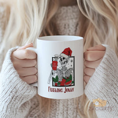 Feeling Jolly Skeleton Mug - Festive Christmas Design for Hot Cocoa Lovers - Unique and Humorous Skeleton Mug for the Holiday Season