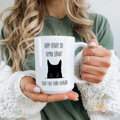 Funny Cat Dad Mug - "Happy Father's Day Human Servant" Coffee Cup with "Your Tiny Furry Overlord" Pet Humor Design | Purrfect Gift for Cat Lovers & Fathers on Father's Day, Birthday, Christmas | From Daughter, Son, Wife, Family | Novelty Ceramic Mug